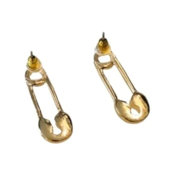 Safety Pin Gold Tone Bling Post Earrings - Picture 4 of 5